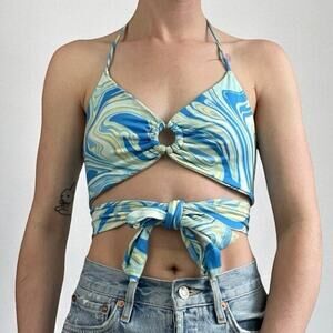 💙3 for $15 Ginger G Blue Swirly Funky 70s Cutout Halter Neck Strappy Top